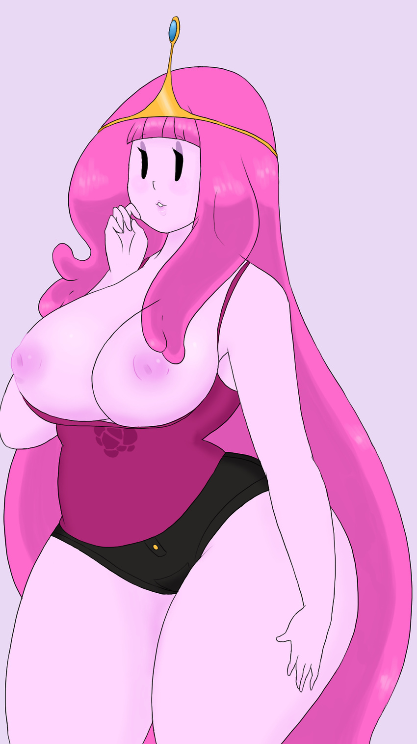 adventure_time big_breasts black_eyes breasts clothed clothing crown female hair long_hair pink_hair plain_background princess princess_bubblegum royalty smut-valerian solo sr standing thick_thighs wide_hips