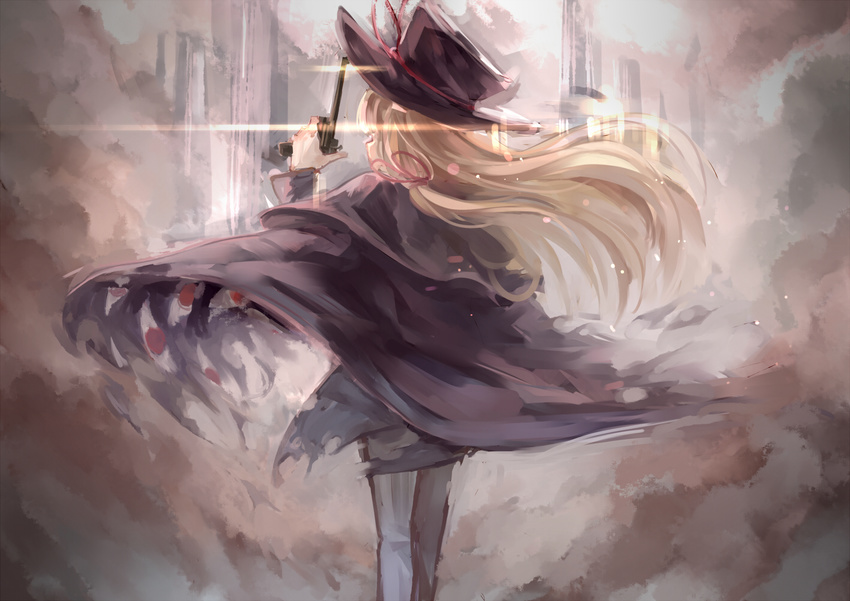 alternate_costume blonde_hair blurry cape eyes from_behind gun handgun hat james_moriarty long_hair norizc pistol smoke solo the_adventures_of_sherlock_holmes top_hat touhou walking weapon wind yakumo_yukari