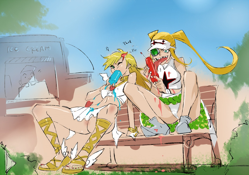 2girls alternate_costume anger_vein bench blonde_hair blue_eyes creator_connection crossover hakodate_omiko kill_la_kill long_hair long_tongue messy multiple_girls no_panties panties panty_&amp;_stocking_with_garterbelt panty_(psg) park_bench popsicle sandals scope sexually_suggestive sharp_teeth sitting teeth toenail_polish tongue twintails typo_(requiemdusk) underwear upskirt visor_cap white_panties