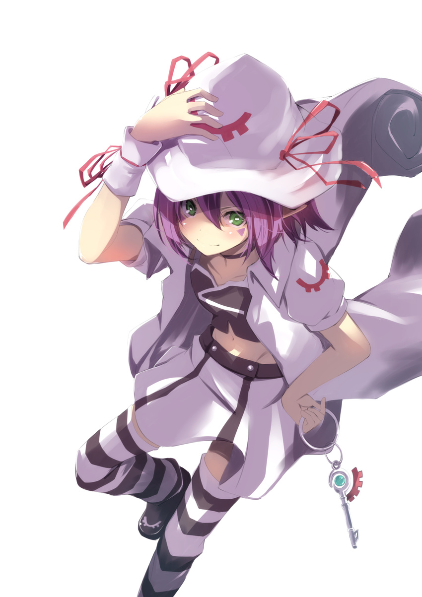 choker facial_mark green_eyes hand_on_headwear hand_on_hip hat highres jijii48 key looking_at_viewer merry_nightmare midriff navel pointy_ears purple_hair ribbon short_hair simple_background skirt smile solo striped striped_legwear thighhighs white_background yumekui_merry