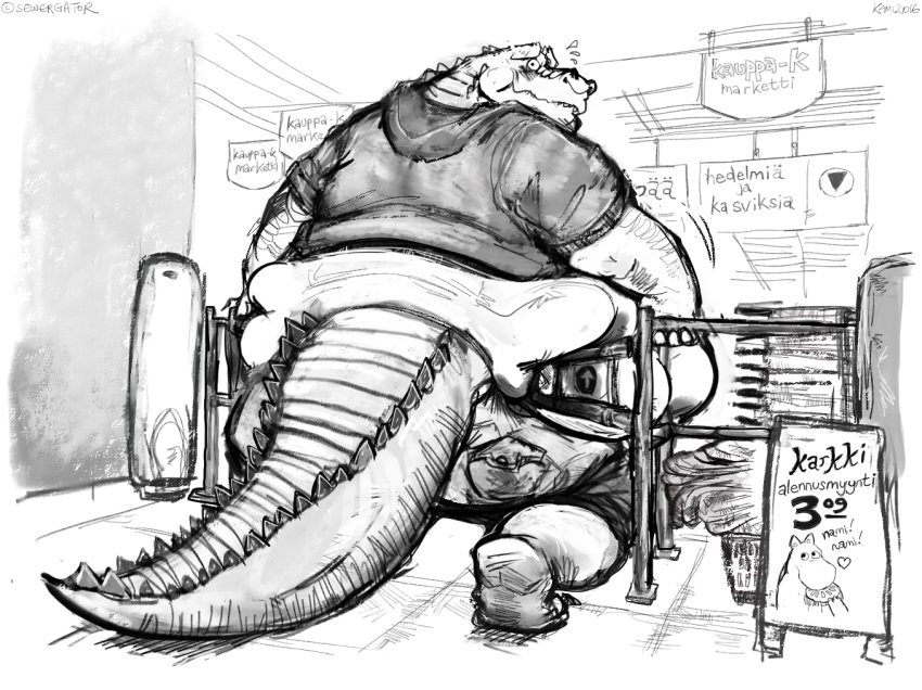 anthro aokmaidu belly big_belly big_butt butt clothed clothing crocodilian finnish_text greyscale hoodie huge_butt hyper hyper_belly hyper_butt inside looking_back love_handles male midriff monochrome morbidly_obese obese obese_male overweight overweight_male reptile scalie solo squish store stuck text thick_tail thick_thighs wide_hips worried