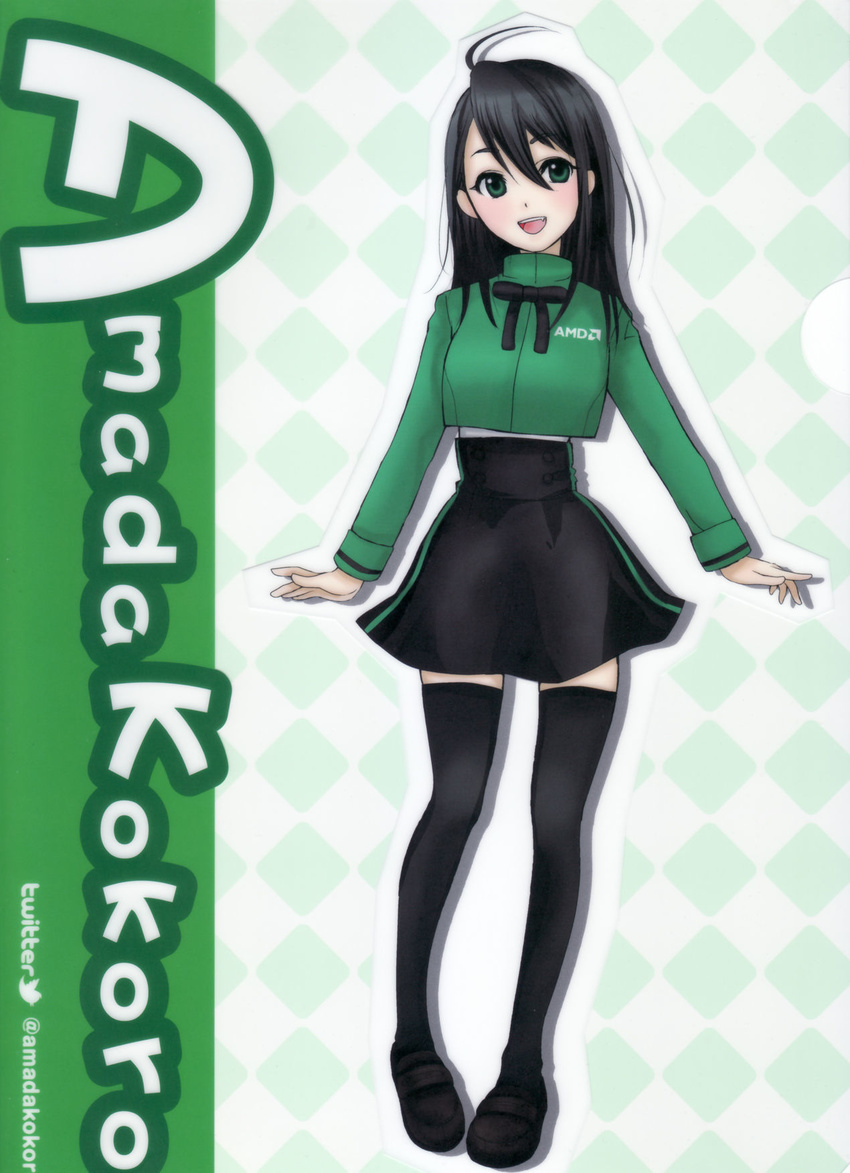 ahoge amada_kokoro amd argyle argyle_background artist_request black_hair black_legwear blush character_name copyright_name cropped_jacket fang green green_eyes hair_between_eyes highres jacket long_hair open_mouth shoes skirt smile solo thighhighs