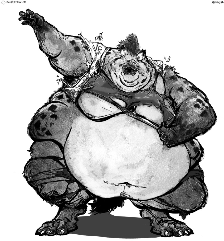 anthro aokmaidu barefoot belly belly_overhang big_belly chubby_cheeks claws clothed clothing double_chin dressing fur greyscale hyena hyper hyper_belly love_handles male mammal monochrome moobs morbidly_obese navel obese obese_male overweight overweight_male simple_background smile solo spots spotted_fur teeth thick_thighs toe_claws torn_clothing wardrobe_malfunction white_background wide_hips