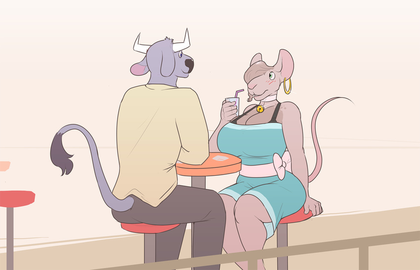 bell big_breasts blue_eyes blush bovine bow_tie breasts cattle cleavage clothed clothing collar date drink duo ear_piercing female green_eyes horn male mammal pepper_(character) piercing rat ritts rodent