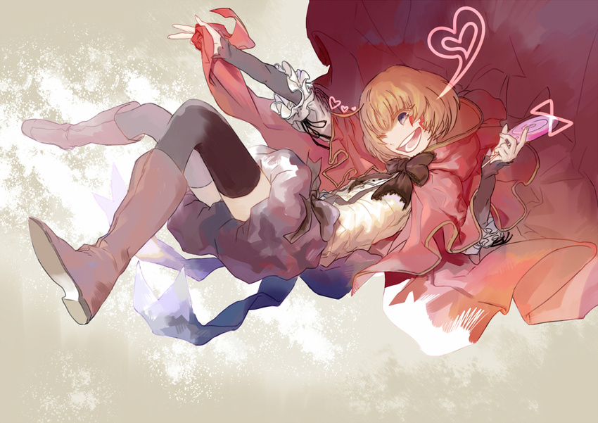 1girl blue_eyes boots bow cape frills hood lily_(pandora_hearts) open_mouth orange_hair pandora_hearts red_cape short_hair wink