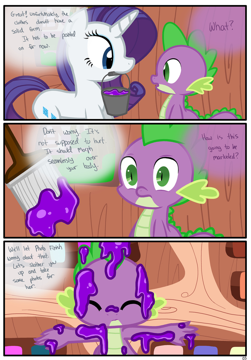 blue_eyes bucket comic cub cutie_mark dialog dragon duo english_text equine eye_contact eyes_closed eyeshadow female friendship_is_magic fur goo green_eyes hair hi_res horn makeup male mammal my_little_pony paintbrush purple_hair purple_scales pyruvate rarity_(mlp) slit_pupils spike_(mlp) spines text unicorn white_fur young