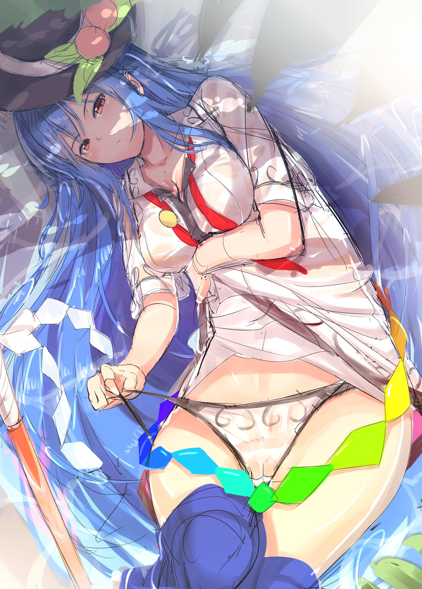 absurdres bad_id bad_pixiv_id blue_hair breast_lift breasts cameltoe cleavage collarbone dress food food_themed_clothes fruit hat hat_ornament highres hinanawi_tenshi large_breasts long_hair looking_at_viewer lying neropaso on_back panties panty_lift peach print_panties puffy_short_sleeves puffy_sleeves red_eyes shirt shirt_lift short_sleeves sketch skirt skirt_pull solo touhou underwear untied very_long_hair wet wet_clothes wet_panties wet_shirt white_panties