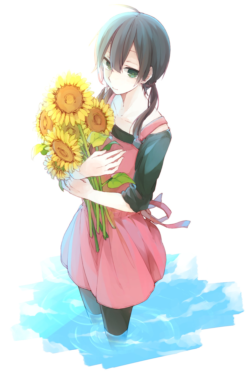 asahina_hiyori bad_id bad_pixiv_id black_hair flower green_eyes highres hokano kagerou_project solo sunflower twintails water