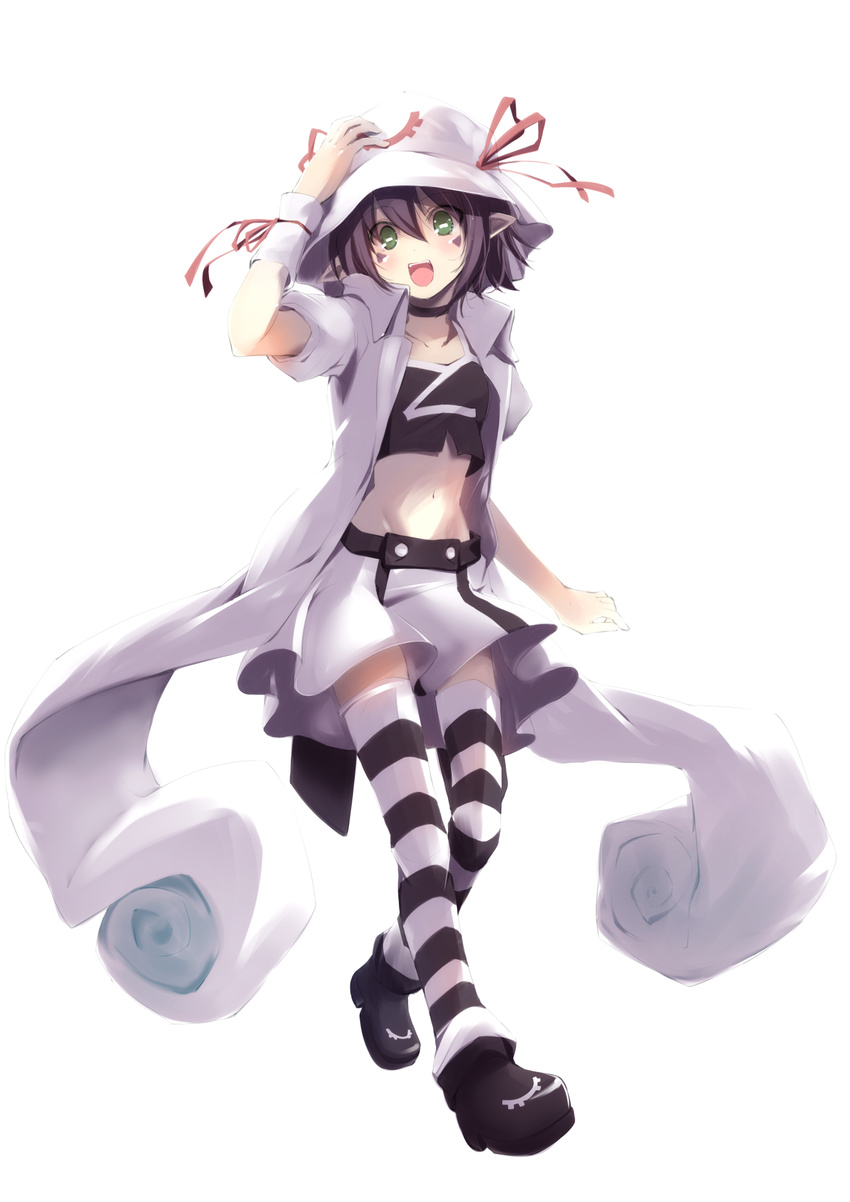 choker facial_mark green_eyes hand_on_headwear hat highres jijii48 merry_nightmare midriff navel open_mouth pointy_ears purple_hair ribbon short_hair simple_background skirt solo striped striped_legwear thighhighs white_background yumekui_merry zettai_ryouiki