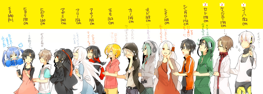 6+girls amamiya_hibiya asahina_hiyori azami_(kagerou_project) bad_id bad_pixiv_id black_hair blonde_hair brown_hair closed_eyes dress ene_(kagerou_project) glasses green_hair hair_ornament hairclip headphones height_chart highres hood hoodie kagerou_project kano_shuuya kido_tsubomi kisaragi_momo kisaragi_shintarou konoha_(kagerou_project) kozakura_marry kozakura_shion labcoat lineup long_hair multiple_boys multiple_girls profile red_eyes red_scarf ribbon scarf school_uniform serafuku seto_kousuke short_hair short_ponytail side_ponytail silver_hair smile tateyama_ayano tateyama_kenjirou translated twintails v very_long_hair waltz_(tram)