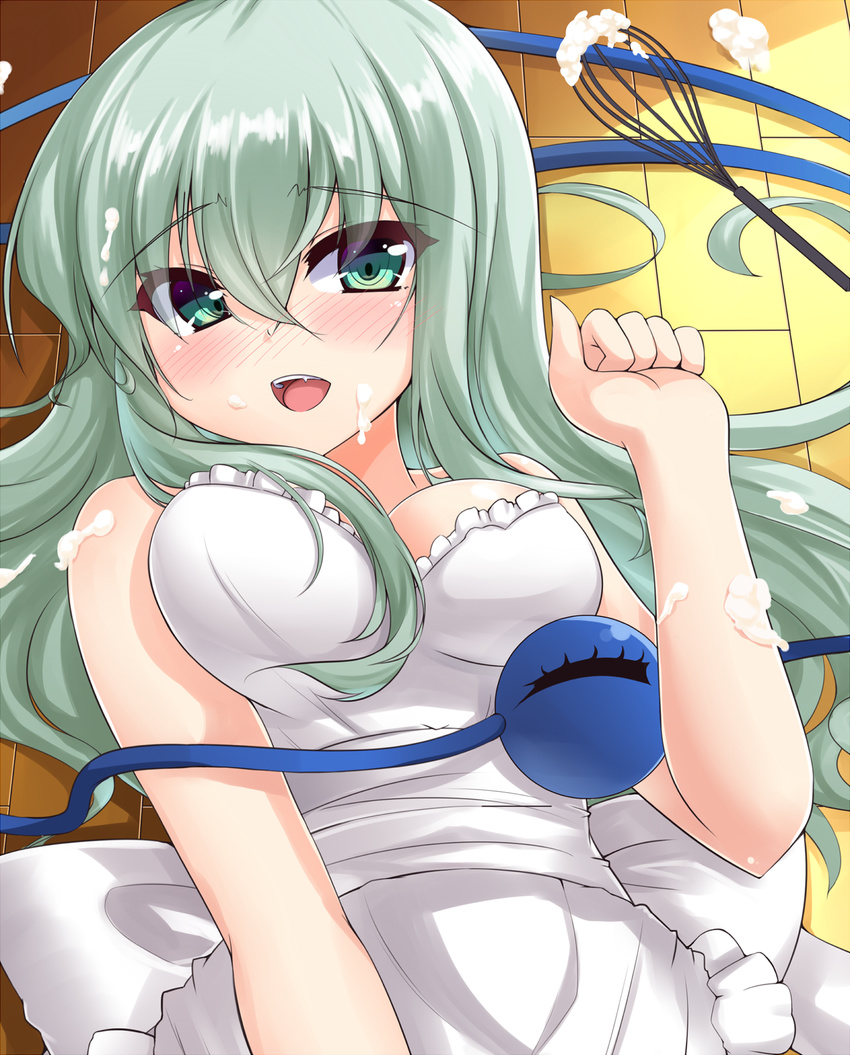 alternate_hair_length alternate_hairstyle apron bare_arms blush green_eyes green_hair highres kazami_chiu komeiji_koishi long_hair lying naked_apron on_back open_mouth smile solo suggestive_fluid third_eye touhou very_long_hair whipped_cream whisk