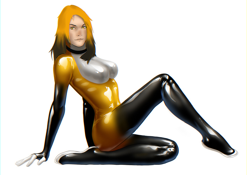 female hair invalid_color latex_(artist) looking_at_viewer plain_background rubber skinsuit skisuit solo suit white_background