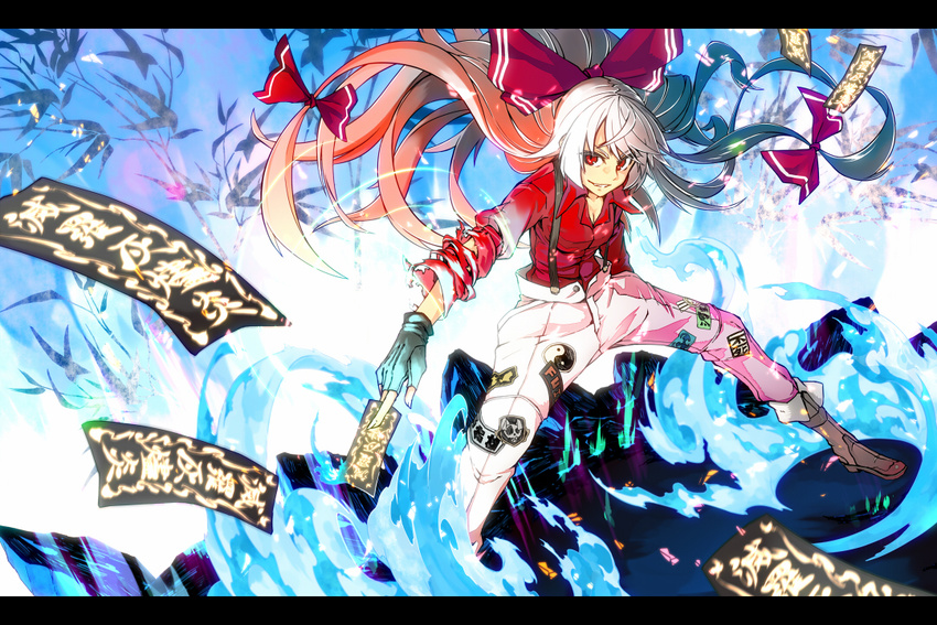 alternate_costume between_fingers blue_fire boots bow fingerless_gloves fire fujiwara_no_mokou gloves grin hair_bow irue long_hair ofuda red_eyes ribbon silver_hair smile solo suspenders touhou