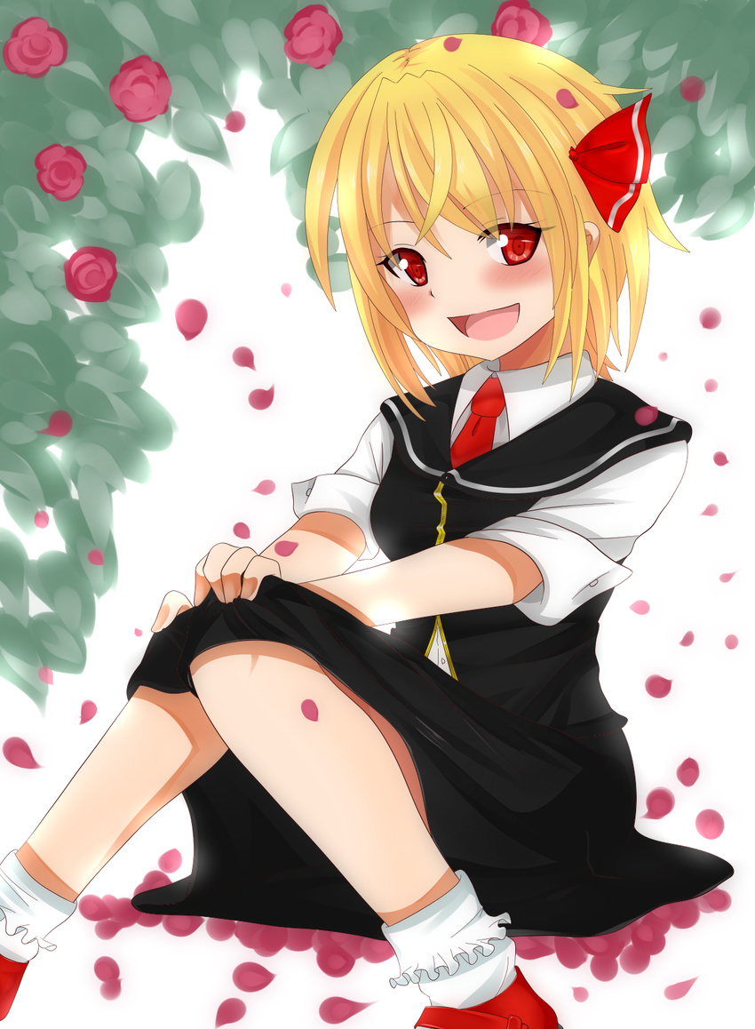 :d blonde_hair flower hair_ribbon highres open_mouth petals red_eyes ribbon rumia shirt short_hair sitting skirt smile touhou vest yabu_q