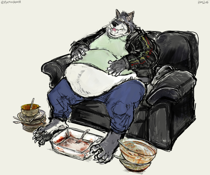 anthro aokmaidu barefoot belly belly_overhang big_belly big_butt butt canine chubby_cheeks claws clothed clothing double_chin eyes_closed fur grey_fur hand_on_stomach jacket male mammal midriff moobs obese obese_male overweight overweight_male simple_background sitting smile sofa solo toe_claws tongue tongue_out white_background white_fur wide_hips wolf
