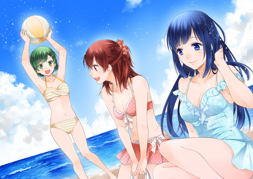 armpits arms_up ball beach bikini bikini_skirt blue_hair blue_heroine_(boyfriend_(kari)) blue_swimsuit boyfriend_(kari) breasts brown_hair casual_one-piece_swimsuit cloud collarbone day frilled_swimsuit frills green_eyes green_hair green_heroine_(boyfriend_(kari)) hair_ornament hand_in_hair hatsumi_(mdr323) holding holding_ball long_hair medium_breasts multiple_girls navel ocean one-piece_swimsuit open_mouth outdoors red_bikini red_heroine_(boyfriend_(kari)) short_hair sky small_breasts smile striped striped_bikini swimsuit