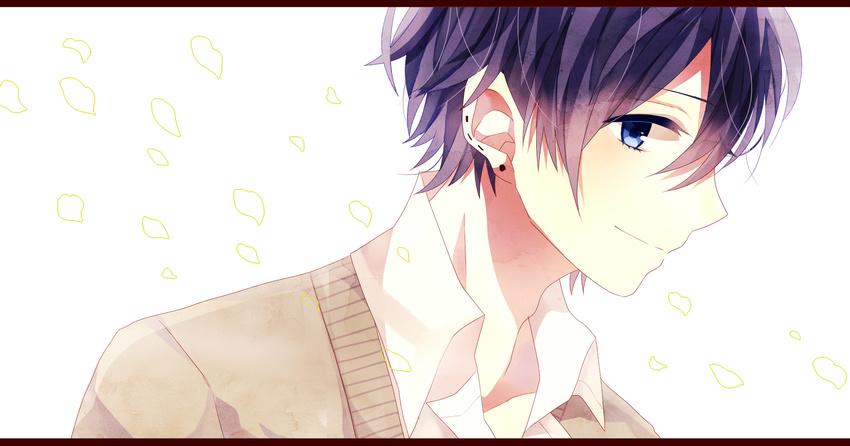 blue_eyes ear_piercing earrings highres hori-san_to_miyamura-kun jewelry male_focus miyamura_izumi mocha_(makoume) piercing purple_hair school_uniform stud_earrings