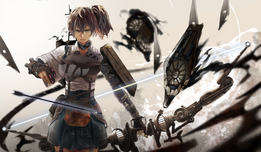 archery armor arrow bad_id bad_pixiv_id bow_(weapon) breasts brown_eyes brown_hair embellished_costume flight_deck gloves ha-class_destroyer highres japanese_clothes kaga_(kantai_collection) kantai_collection kirii kyuudou medium_breasts muneate partly_fingerless_gloves shinkaisei-kan short_hair side_ponytail skirt weapon yugake