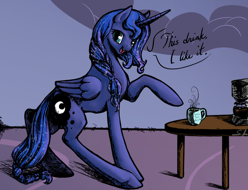 coffee cup english_text equine female feral friendship_is_magic hi_res horn horse mammal my_little_pony pony princess_luna_(mlp) silfoe solo text winged_unicorn wings