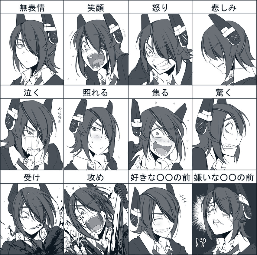 angry blood closed_eyes expressions eyepatch hair_over_one_eye headgear hetza_(hellshock) highres kantai_collection monochrome multiple_views necktie open_mouth school_uniform short_hair sword tears teeth tenryuu_(kantai_collection) tongue weapon