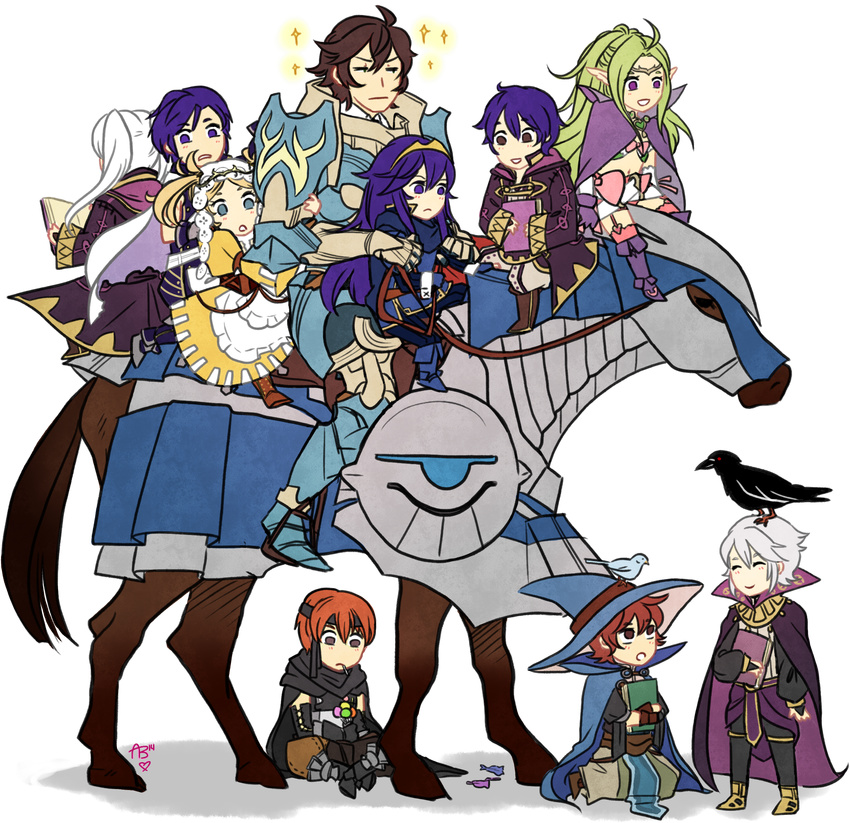 absurdres ahoge armor blonde_hair blue_eyes blue_hair book boots bridal_gauntlets brown_hair candy cape circlet closed_eyes commentary dress female_my_unit_(fire_emblem:_kakusei) fire_emblem fire_emblem:_kakusei food frederik_(fire_emblem) gaia_(fire_emblem) garter_straps gloves green_hair hair_between_eyes hair_ornament handheld_game_console hat headband henry_(fire_emblem) highres hood hooded_jacket horse jacket krom liz_(fire_emblem) long_hair long_sleeves lucina mamkute mark_(fire_emblem) mark_(male)_(fire_emblem) multiple_boys multiple_girls multiple_riders my_unit_(fire_emblem:_kakusei) navel nintendo_3ds nono_(fire_emblem) open_mouth orange_hair phantommarbles pointy_ears ponytail purple_eyes richt_(fire_emblem) riding short_hair short_twintails sidesaddle smile thighhighs tiara too_many twintails wavy_hair white_hair