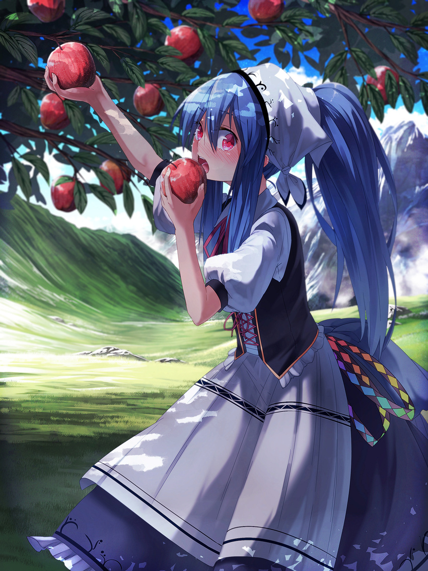 adapted_costume alternate_hairstyle apple blue_hair blush dappled_sunlight dutch_clothes european_clothes food fruit highres hinanawi_tenshi ibuki_notsu long_hair looking_at_viewer mountain pink_eyes ponytail puffy_sleeves red_eyes shirt short_sleeves skirt solo sunlight tears touhou traditional_clothes tree very_long_hair vest