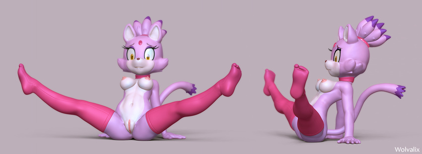 3d anthro arm_support big_eyes big_head biting_lip blaze_the_cat breasts cat collar feline female front fur grey_background legs_up looking_at_viewer mammal multicolor_fur navel pink_fur pink_legwear pinup plain_background pose pussy seductive sega shadow side_view simple_background sitting solo sonic_(series) spread_legs spreading thigh_socks two_tone_fur white_fur wolvalix yellow_eyes