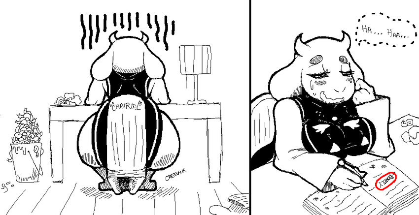 big_butt blush book breasts bucket butt caprine chair english_text female goat horn lamp lonely mammal monster pencil snail solo text toriel undertale unknown_artist wide_hips