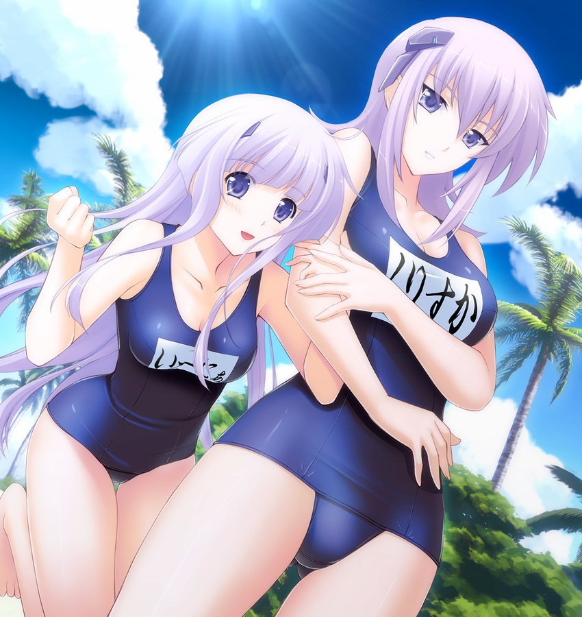 bare_legs barefoot blue_sky breasts cleavage cloud collarbone cryska_barchenowa day dutch_angle highres inia_sestina lavender_hair medium_breasts miyata_sou multiple_girls muvluv muvluv_alternative muvluv_total_eclipse name_tag one-piece_swimsuit palm_tree purple_eyes purple_hair school_swimsuit sky smile sunlight swimsuit thigh_gap tree