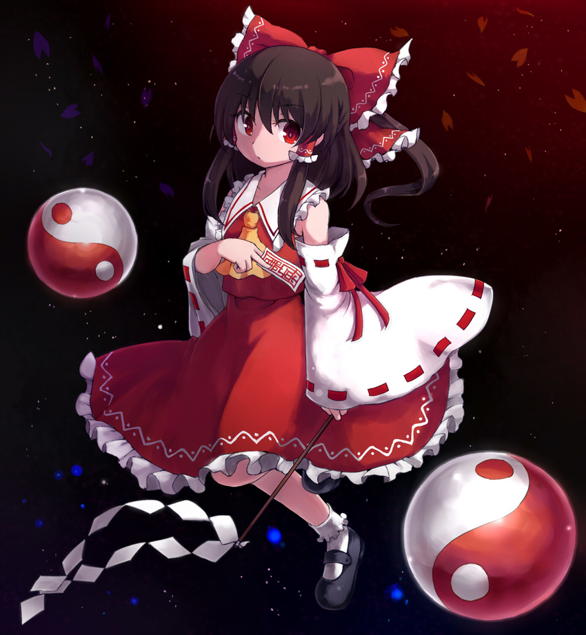 ascot bow brown_hair detached_sleeves frilled_skirt frills gohei hair_bow hair_tubes hakurei_reimu highres mary_janes ofuda orb petals red_eyes ribbon-trimmed_sleeves ribbon_trim rizento shoes skirt sky star_(sky) starry_sky touhou yin_yang