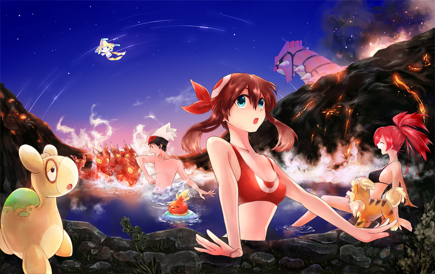 asuna_(pokemon) bikini blue12tt groudon growlithe haruka_(pokemon) jirachi numel onsen pokemon slugma stars swimsuit torchic yuki_(pokemon)