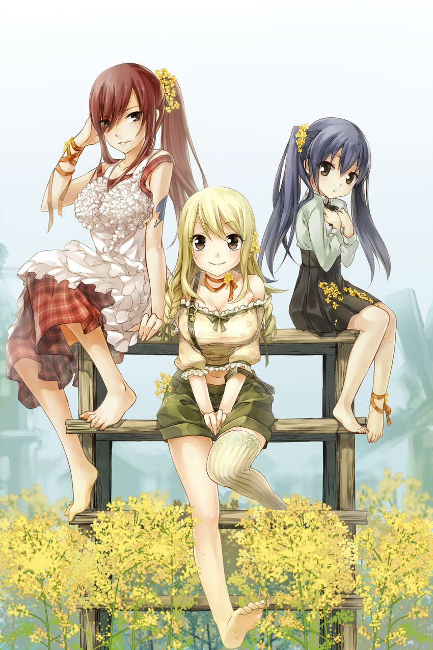 ankle_ribbon apron barefoot blonde_hair blue_hair braid breasts brown_eyes choker cleavage dress erza_scarlet fairy_tail feet flower frills hair_flower hair_ornament highres large_breasts long_hair looking_at_viewer lucy_heartfilia midriff multiple_girls plaid plaid_dress ponytail red_hair ribbon ribbon_choker shorts single_strap single_thighhigh sitting skirt smile strib_und_werde striped striped_legwear tattoo thighhighs toes twintails vertical-striped_legwear vertical_stripes wendy_marvell wrist_ribbon