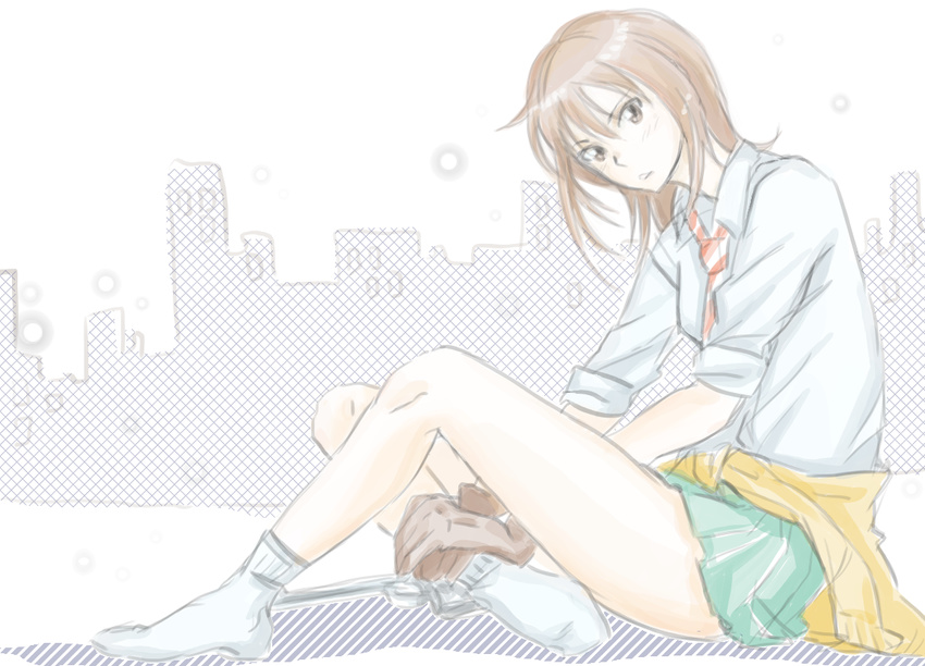 brown_eyes brown_hair clothes_around_waist coppelion crossed_legs gloves green_skirt gun hand_on_ankle handgun looking_at_viewer miniskirt naruse_ibara natori_sachiko no_shoes pale_color pleated_skirt shirt sitting skirt sleeves_rolled_up socks solo sweater sweater_around_waist weapon white_shirt