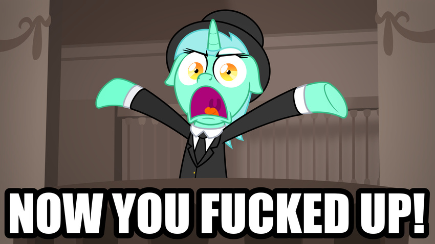 bowler_hat clothed clothing english_text equine female feral friendship_is_magic hat horn horse image_macro inside lyra_heartstrings_(mlp) mammal meme my_little_pony necktie pony reaction_image solo suit text unicorn widescreen zutheskunk