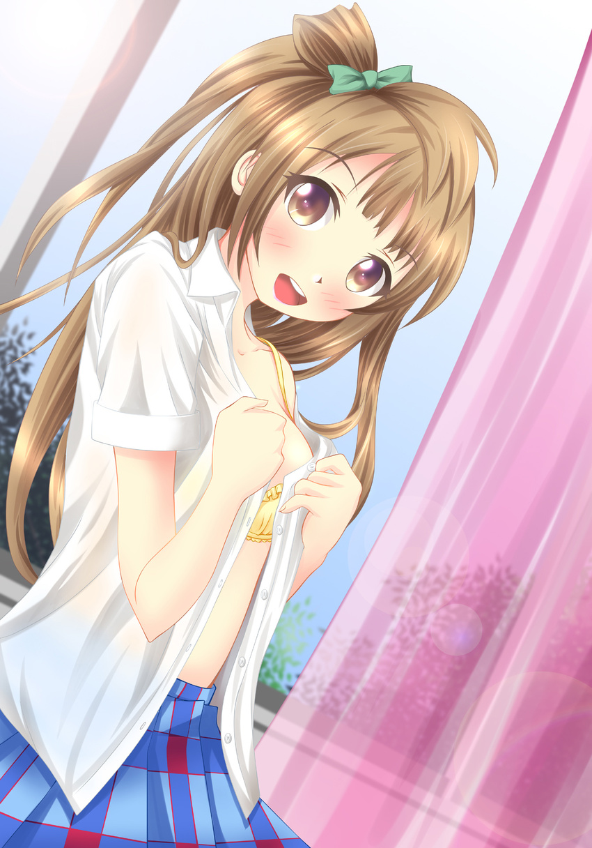 :d blush bra brown_eyes brown_hair curtains dress_shirt highres long_hair looking_at_viewer love_live! love_live!_school_idol_project minami_kotori neats one_side_up open_clothes open_mouth open_shirt otonokizaka_school_uniform school_uniform shirt skirt smile solo underwear undressing very_long_hair window yellow_bra