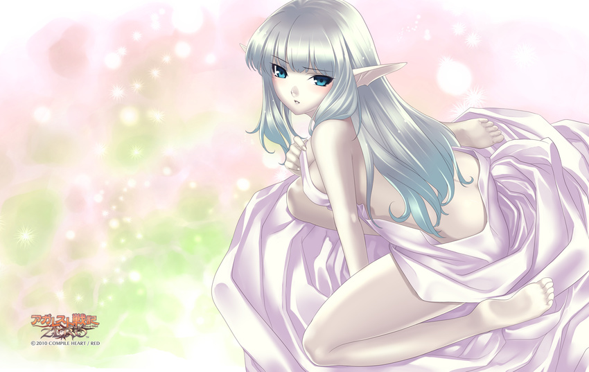 2010 agarest_senki_(series) agarest_senki_zero bare_legs barefoot bed_sheet blue_eyes blush company_name copyright_name feet game_cg highres hirano_katsuyuki long_hair multicolored multicolored_background naked_sheet nude official_art pointy_ears shernini_(agarest_senki_zero) silver_hair sitting soles solo wariza