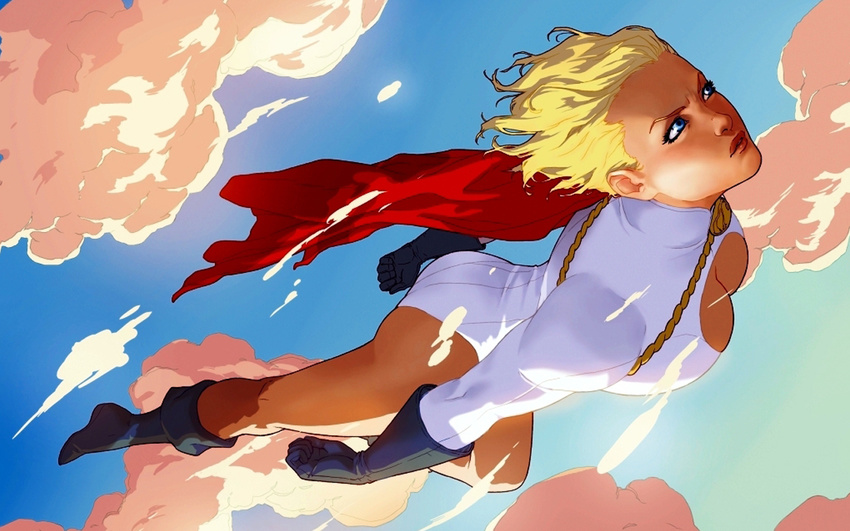 1girl alien blonde_hair blue_boots blue_gloves blue_shoes boots cape cleavage_cutout dc_comics flying gloves kryptonian leotard long_sleeves power_girl red_cape shoes sky solo superman_(series)