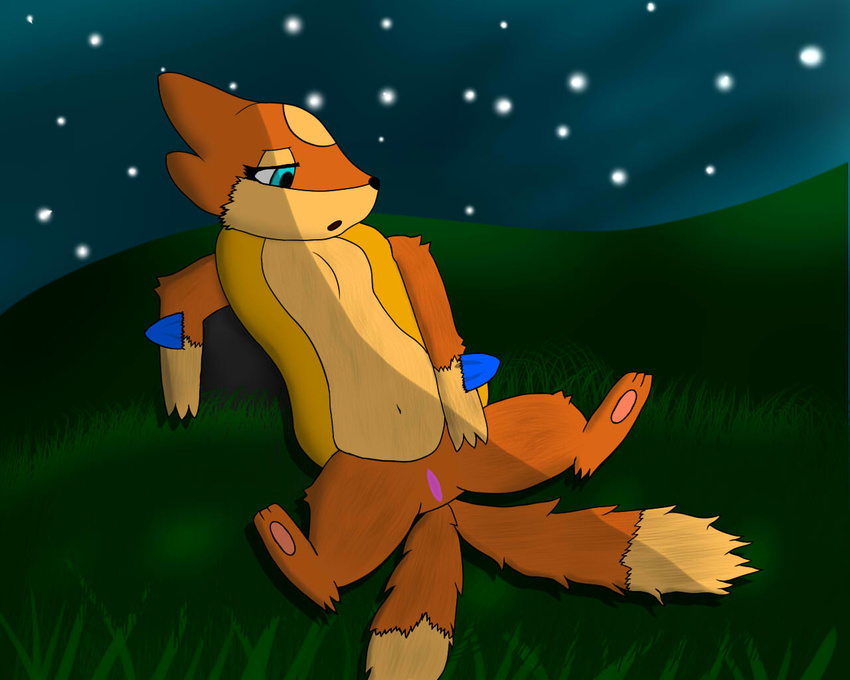 floatzel fur general: grass invalid_tag lovesnivy lying mammal mountain multiple_tails mustelid navel night_sky nintendo nude open_mouth otter outside pok&#233;mon pok&eacute;mon pussy rock solo spread_legs spreading stars tails video_games