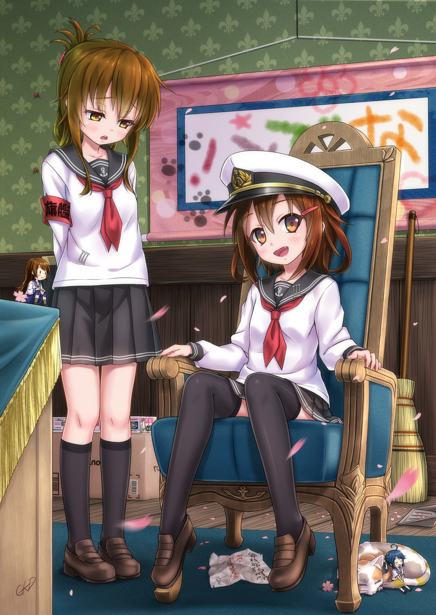 2girls 61cm_quadruple_(oxygen)_torpedo_mount ahoge amazon_(company) anchor_symbol armband armchair arms_behind_back bangs banner barcode black_legwear black_skirt blouse blue_hair box brooch broom brown_eyes brown_footwear brown_hair cardboard_box cat chair cherry_blossoms commentary_request dustpan fairy_(kantai_collection) fang fleur_de_lis folded_ponytail foot_dangle gotou_hisashi hair_ornament hairclip hat head_tilt highres ikazuchi_(kantai_collection) inazuma_(kantai_collection) indoors jewelry kantai_collection loafers long_sleeves looking_at_viewer looking_down minigirl multiple_girls nagato_(kantai_collection) neckerchief open_mouth paw_print peaked_cap petals pleated_skirt red_neckwear school_uniform serafuku shoes short_hair signature sitting skirt sleeping smile standing thighhighs wainscoting wallpaper_(object) white_blouse wooden_floor