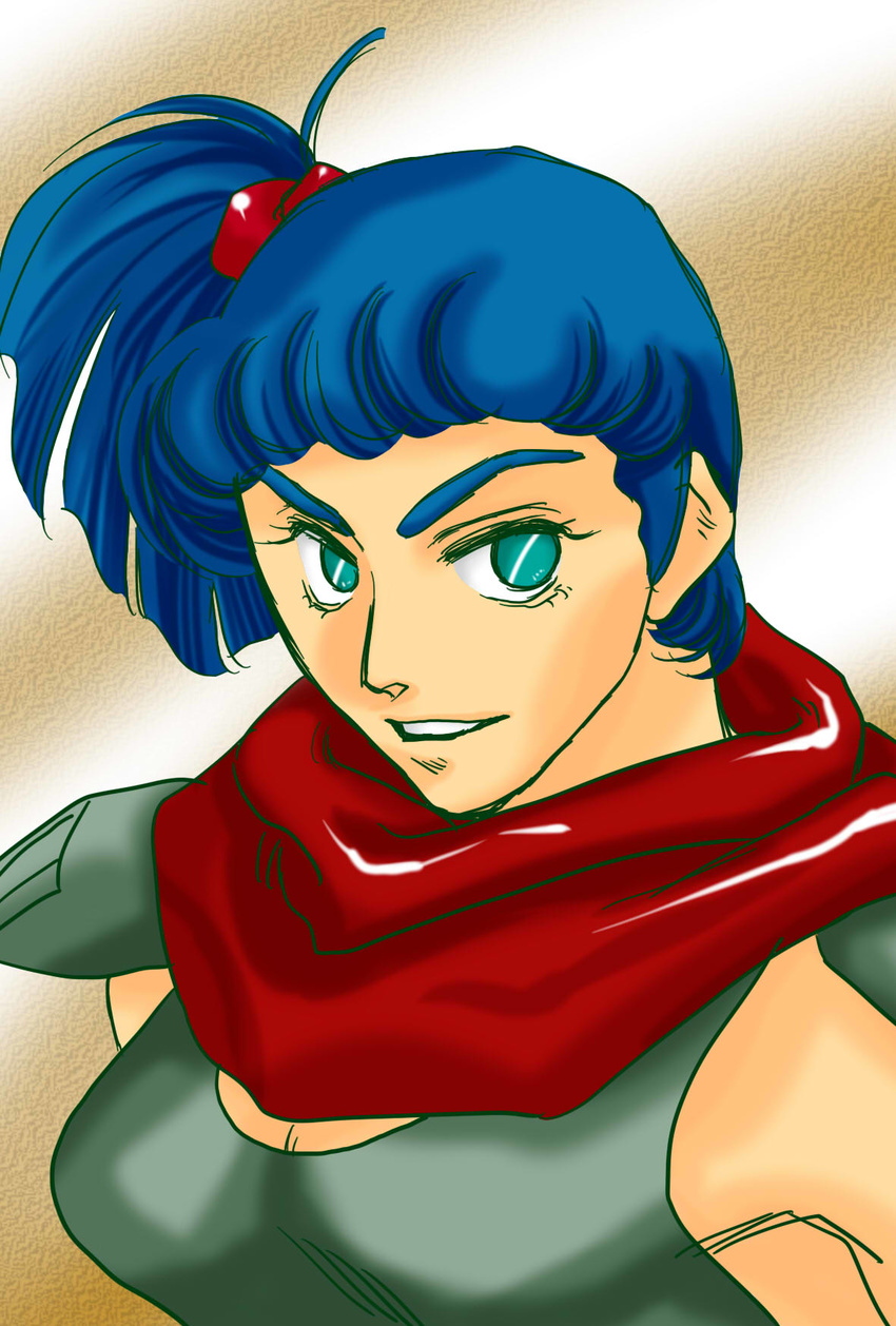 blue_eyes blue_hair breasts eyebrows rag_uralo scarf sentou_mecha_xabungle shoulder_pads side_ponytail tank_top thick_eyebrows