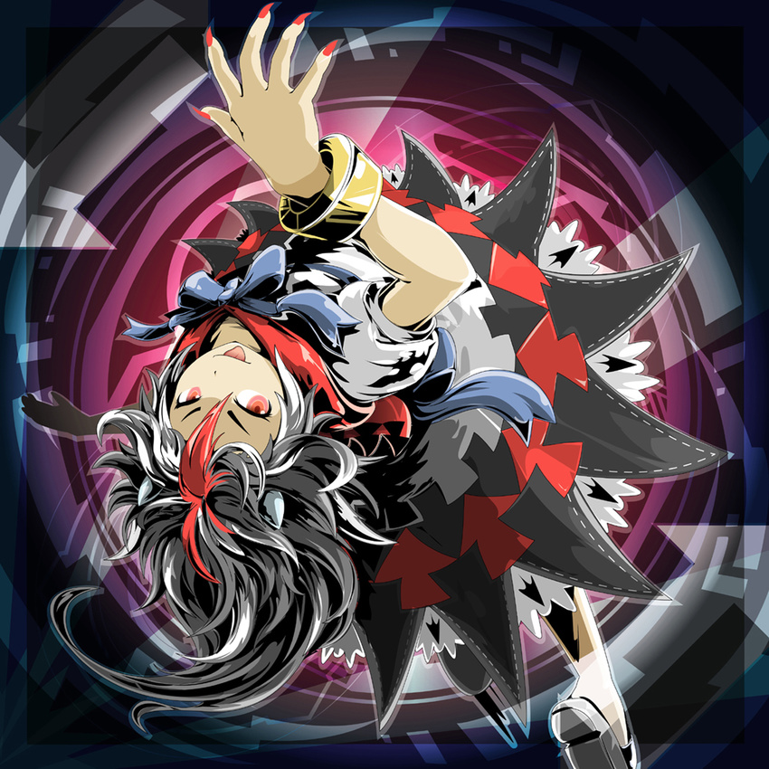 abstract_background album_cover arm_up black_hair bow bracelet coba_(bushclover) cover dress fang fingernails from_above horns jewelry kijin_seija looking_at_viewer multicolored_hair red_eyes red_hair ribbon sharp_fingernails short_hair short_sleeves solo streaked_hair tongue tongue_out touhou white_hair
