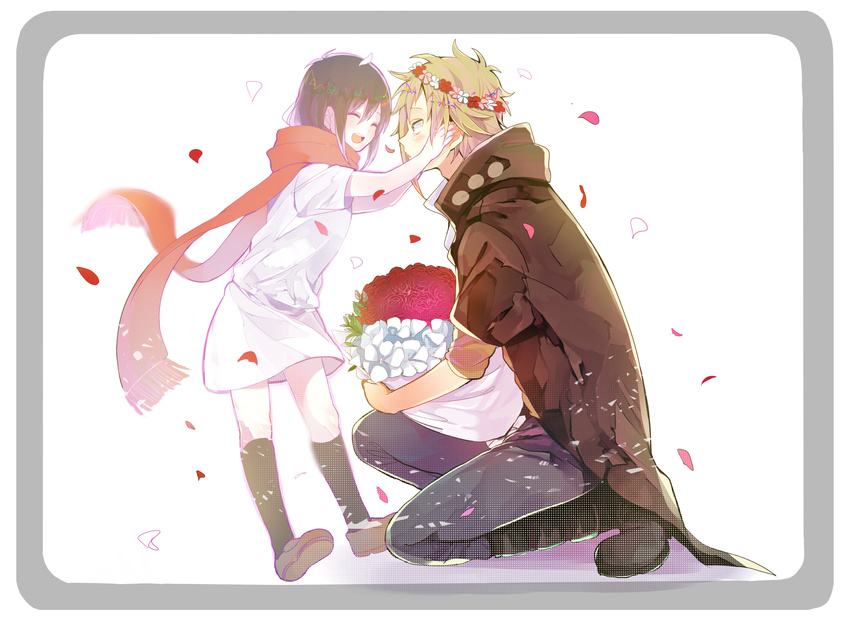 1girl bouquet flower fringe_trim head_wreath highres hood hoodie kagerou_project kano_shuuya mitsu_yomogi petals red_scarf scarf smile tateyama_ayano transparent younger