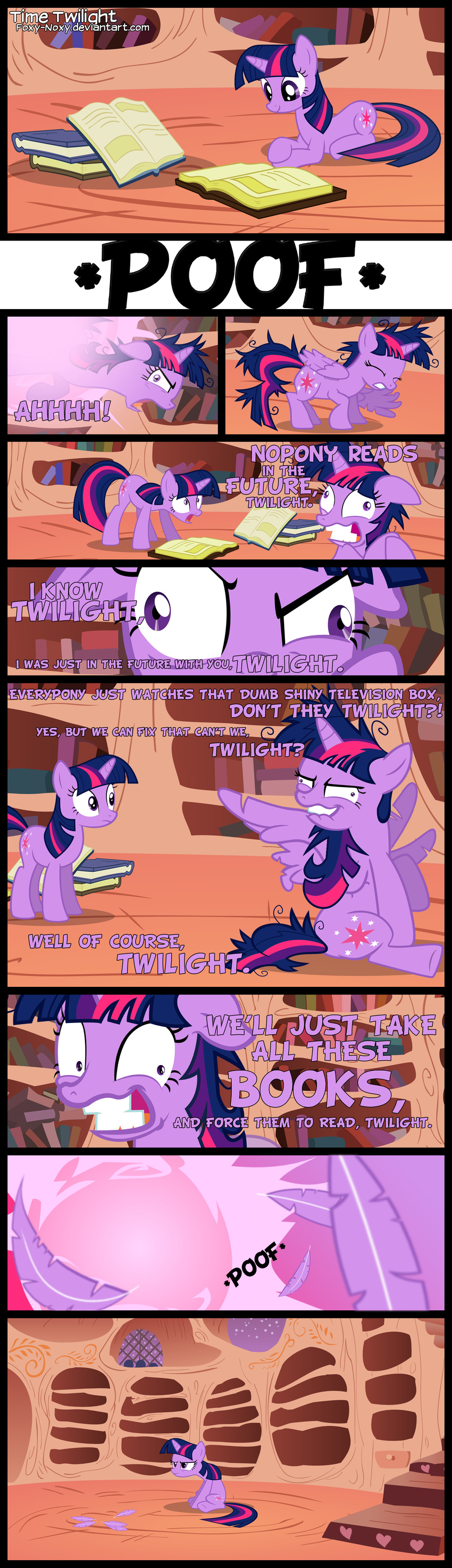 2014 book bookshelf cutie_mark dialog english_text equine female foxy-noxy friendship_is_magic hair horn library lying mammal messy_hair multi-colored_hair my_little_pony purple_eyes purple_hair reading text time_travel twilight_sparkle_(mlp) unicorn winged_unicorn wings