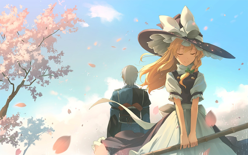 1girl apron back bad_id bad_pixiv_id black_dress blonde_hair blue_sky bow braid cherry_blossoms closed_eyes cloud day dress eho_(icbm) hair_blowing hat hat_bow japanese_clothes kirisame_marisa morichika_rinnosuke obi petals puffy_sleeves sash shirt short_sleeves silver_hair single_braid sky smile touhou tree waist_apron white_bow wind witch_hat