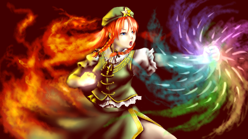 blue_eyes bow braid clenched_hands danmaku facing_away fiery_background fighting_stance fire glowing_hands hair_bow hat highres hong_meiling kawahagi_modoki lips long_hair open_mouth outstretched_arm red_hair short_sleeves skirt skirt_set solo star touhou twin_braids