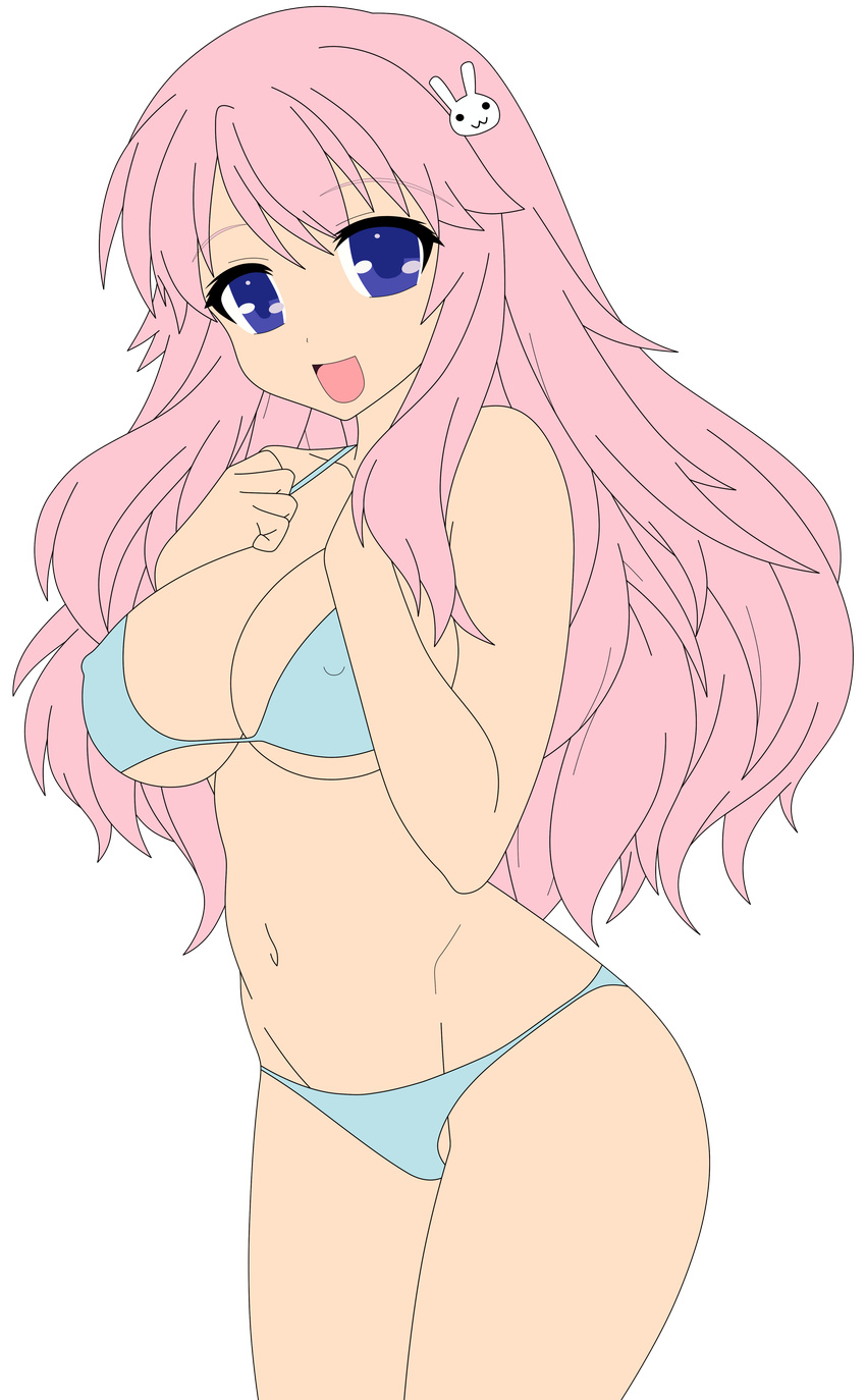 1girl absurdres baka_to_test_to_shoukanjuu bare_midriff bikini blue_eyes breasts busty covered_nipples erect_nipples hair_ornament hairclip highres himeji_mizuki legs long_hair navel open_mouth photoshop pink_hair smile solo swimsuit thighs vector_trace