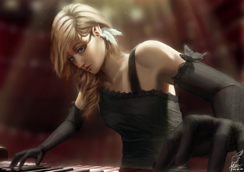 blonde_hair blue_eyes dress elbow_gloves feathers instrument lepus long_hair original piano pointed_ears signed