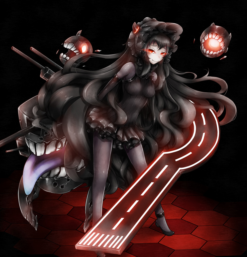 black_hair dress glowing glowing_eyes gothic_lolita highres isolated_island_oni kajaneko kantai_collection lolita_fashion long_hair pale_skin pantyhose red_eyes runway shinkaisei-kan smile solo tongue