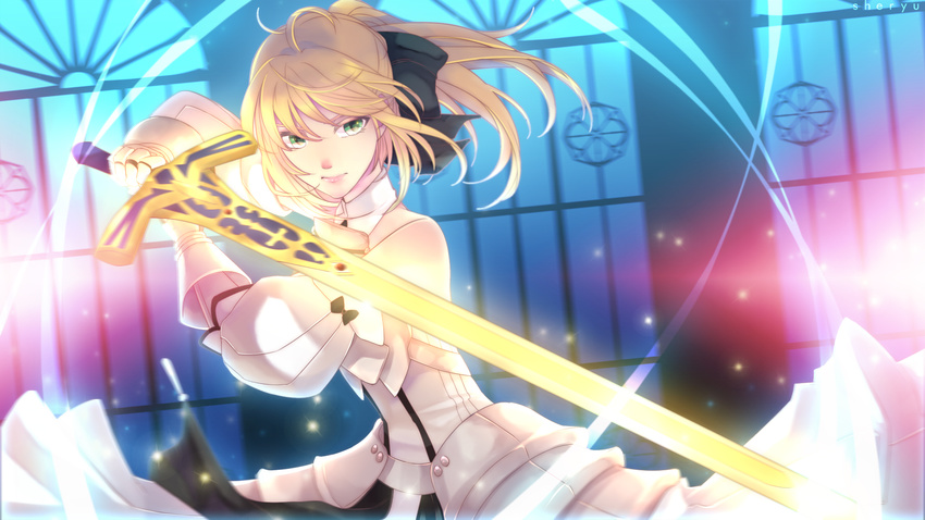 ahoge armor artoria_pendragon_(all) blonde_hair bow caliburn detached_sleeves dress fate/stay_night fate/unlimited_codes fate_(series) fighting_stance green_eyes hair_bow highres long_hair ponytail saber saber_lily sheryu solo sword weapon