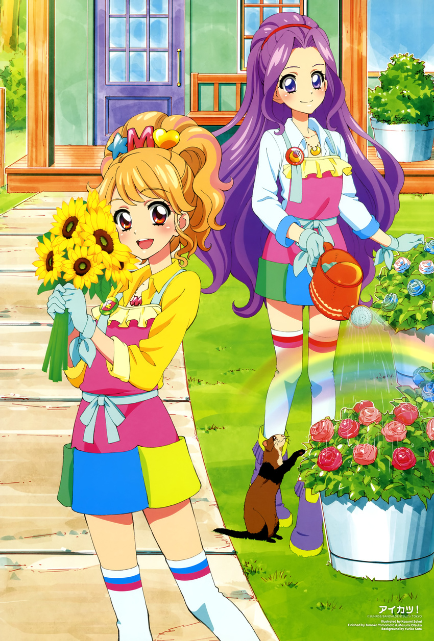 absurdres aikatsu! aikatsu!_(series) animage animal apron blue_eyes boots brown_eyes brown_hair flower gloves hairband highres kanzaki_mizuki kneehighs long_hair multiple_girls natsuki_mikuru non-web_source official_art otsuka_masumi purple_hair rainbow rose sakai_kasumi sato_yuriko smile sunflower thighhighs very_long_hair watering_can yamamoto_tomoko zettai_ryouiki